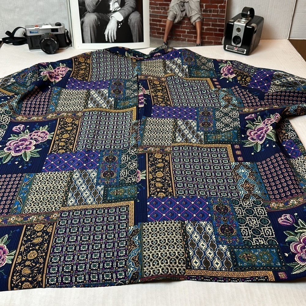 Patchwork Tapestry Boho Blouse | Hidden Button Front · 90s Art-to-Wear - Picture 10 of 11